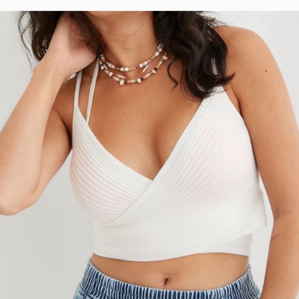 aerie White Ribbed Wrap Crop Cami